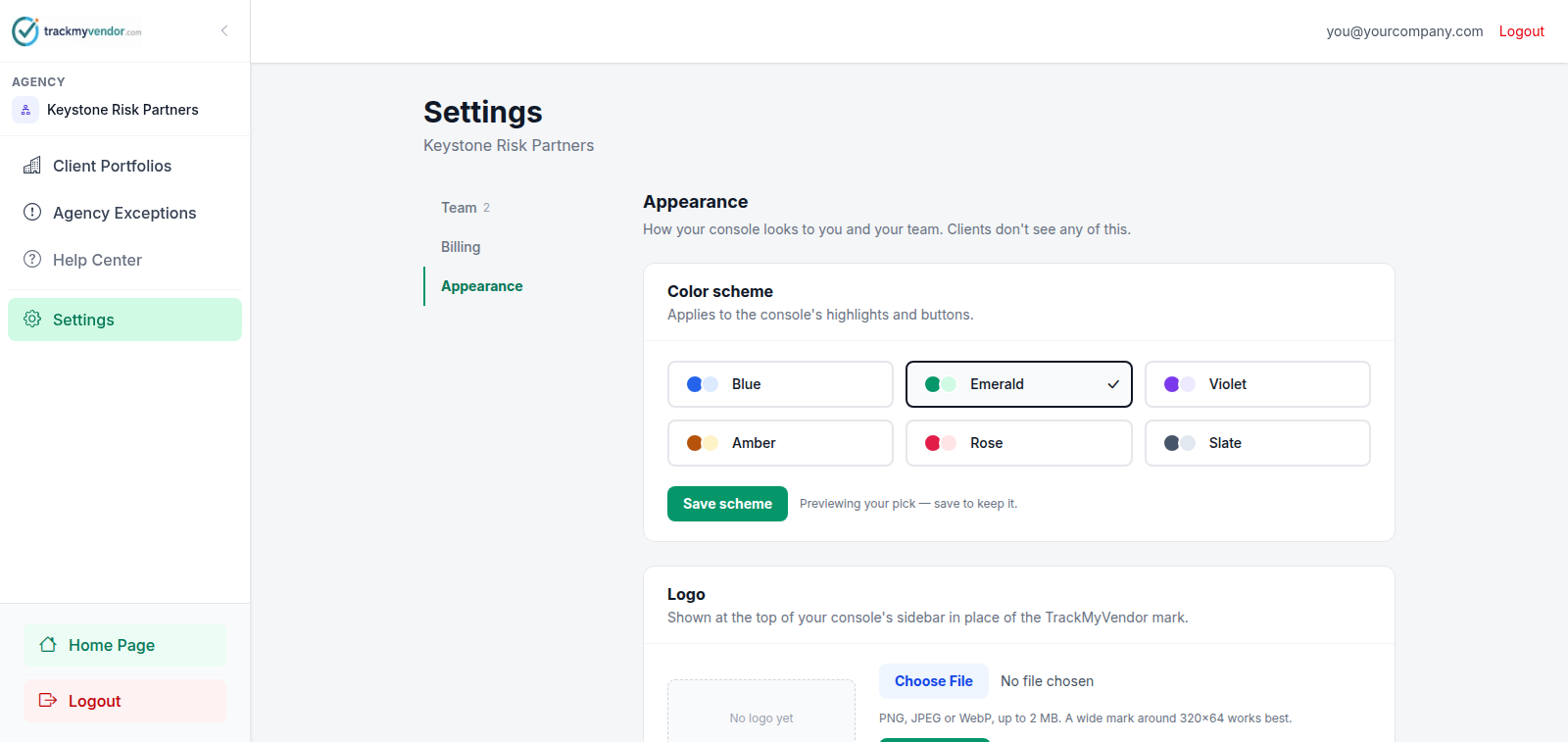 The Appearance panel with colour scheme swatches and the logo upload