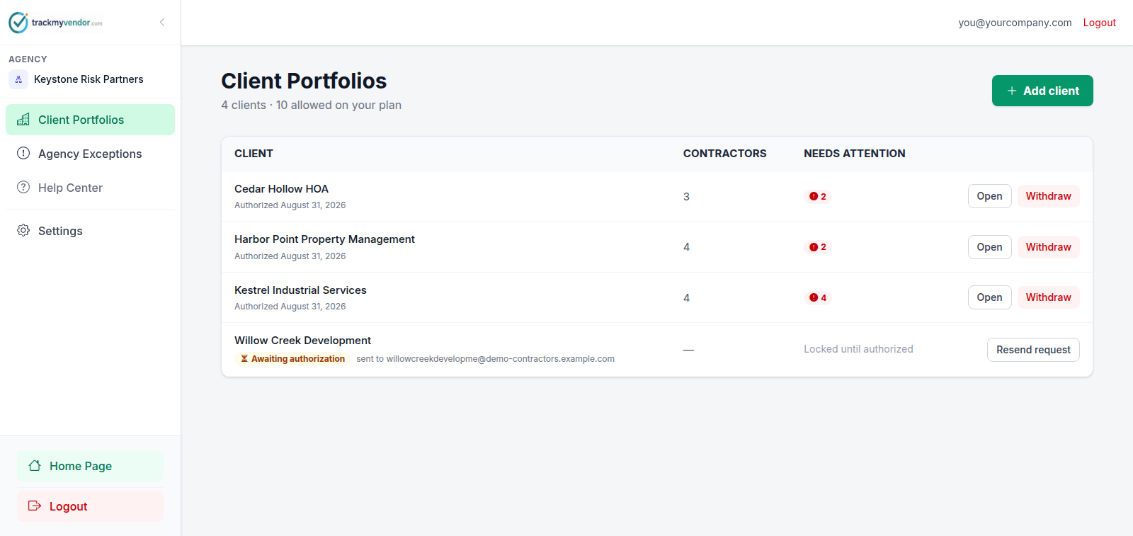 Client Portfolios listing each client with its consent state, contractor count and attention count