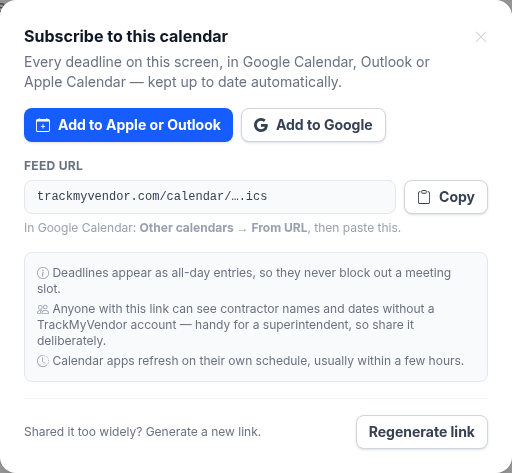 The Subscribe panel showing the one-click buttons, the feed URL with a copy button, and the regenerate link control