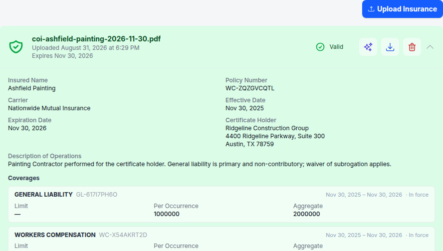 A parsed certificate card showing carrier, coverages, limits and expiration dates