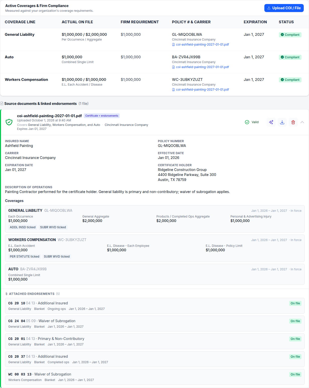 The Insurance tab: a coverage table above the certificate it was read from, with limits, policy numbers and expiry dates