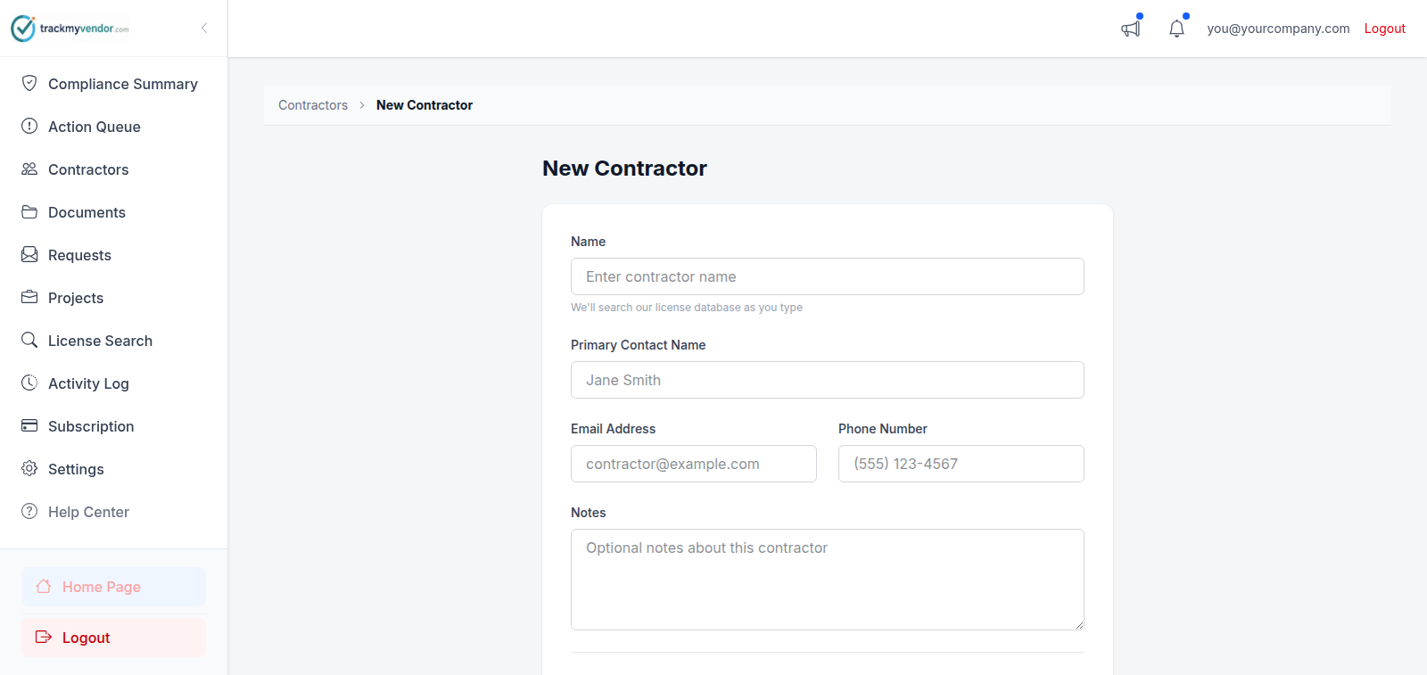 The new contractor form with name, email and phone fields