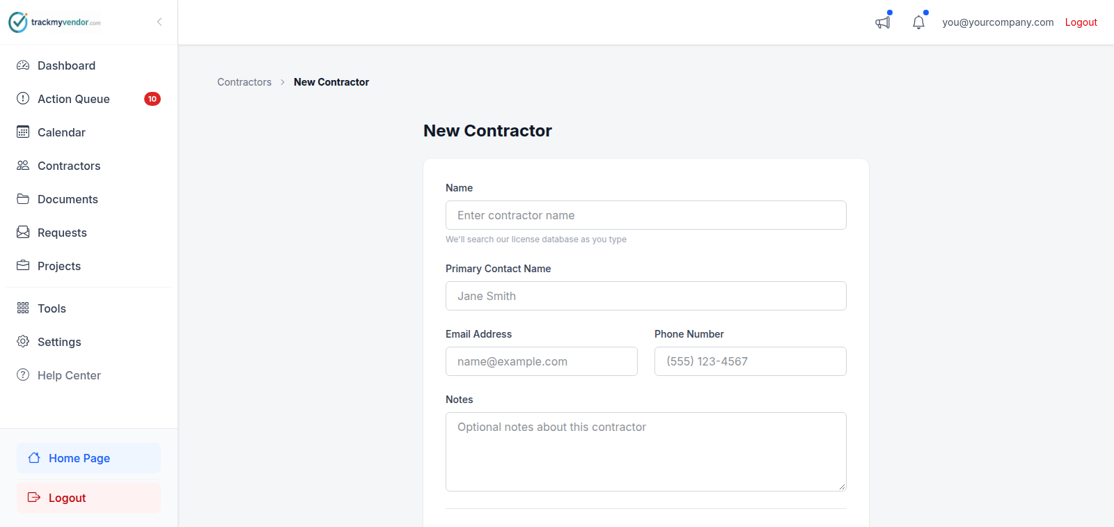 The new contractor form with name, email and phone fields