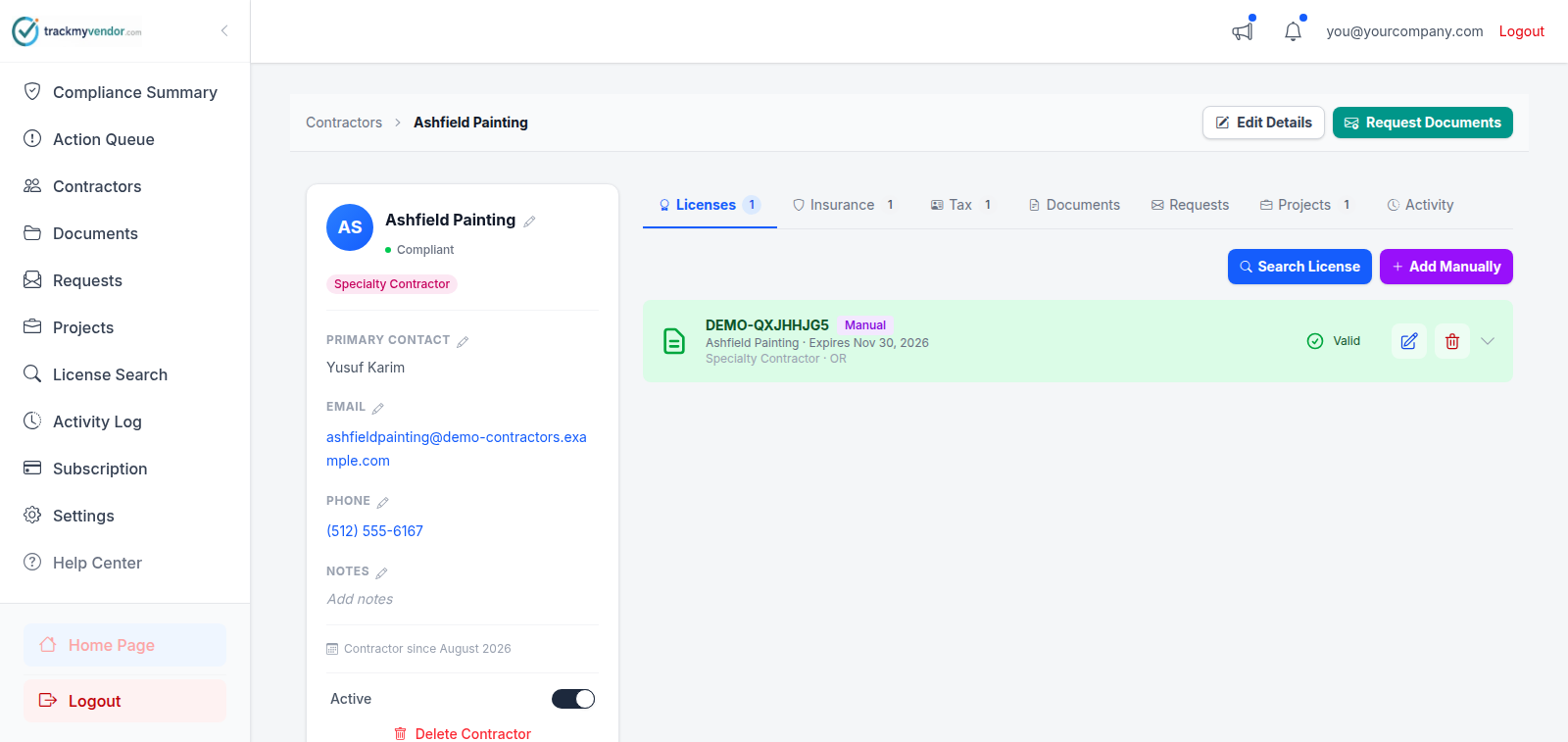 A contractor detail page showing the Licenses, Insurance, Tax, Documents, Requests, Projects and Activity tabs
