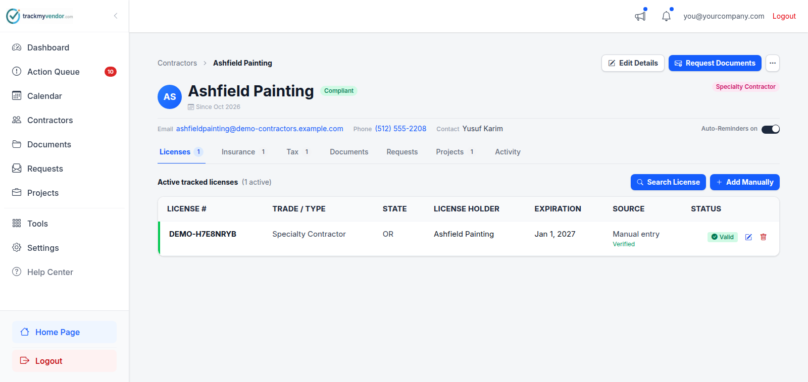 A contractor detail page: a header strip with the name, compliance badge and contact details, above the Licenses, Insurance, Tax, Documents, Requests, Projects and Activity tabs