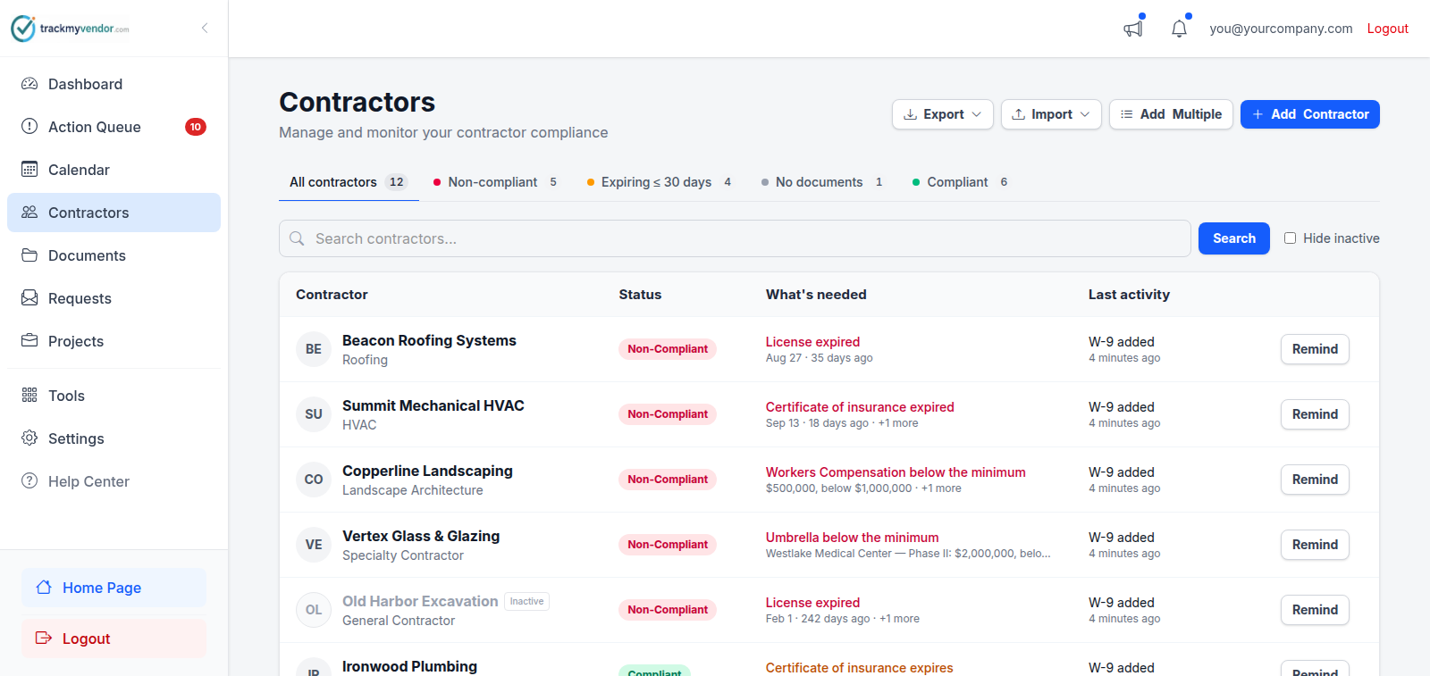 The Contractors screen with status counts, the search box and the roster table