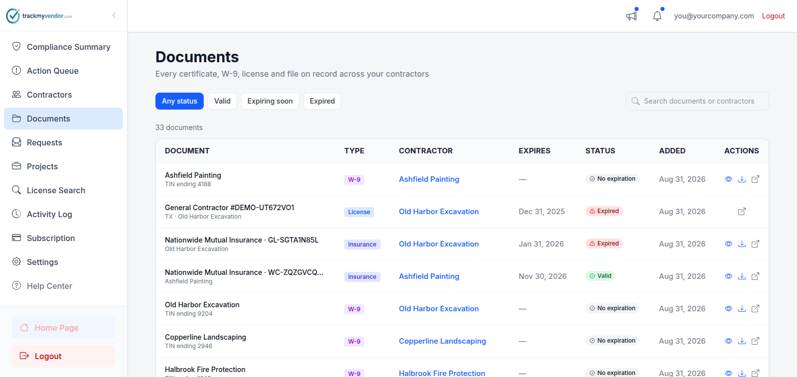 The Documents screen listing files with type and status badges and filter controls