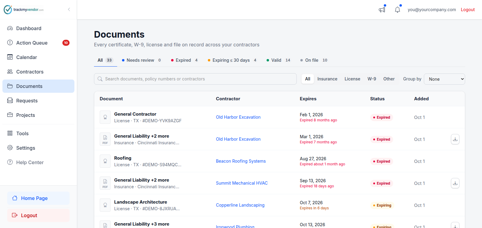 The Documents screen listing files with type and status badges and filter controls