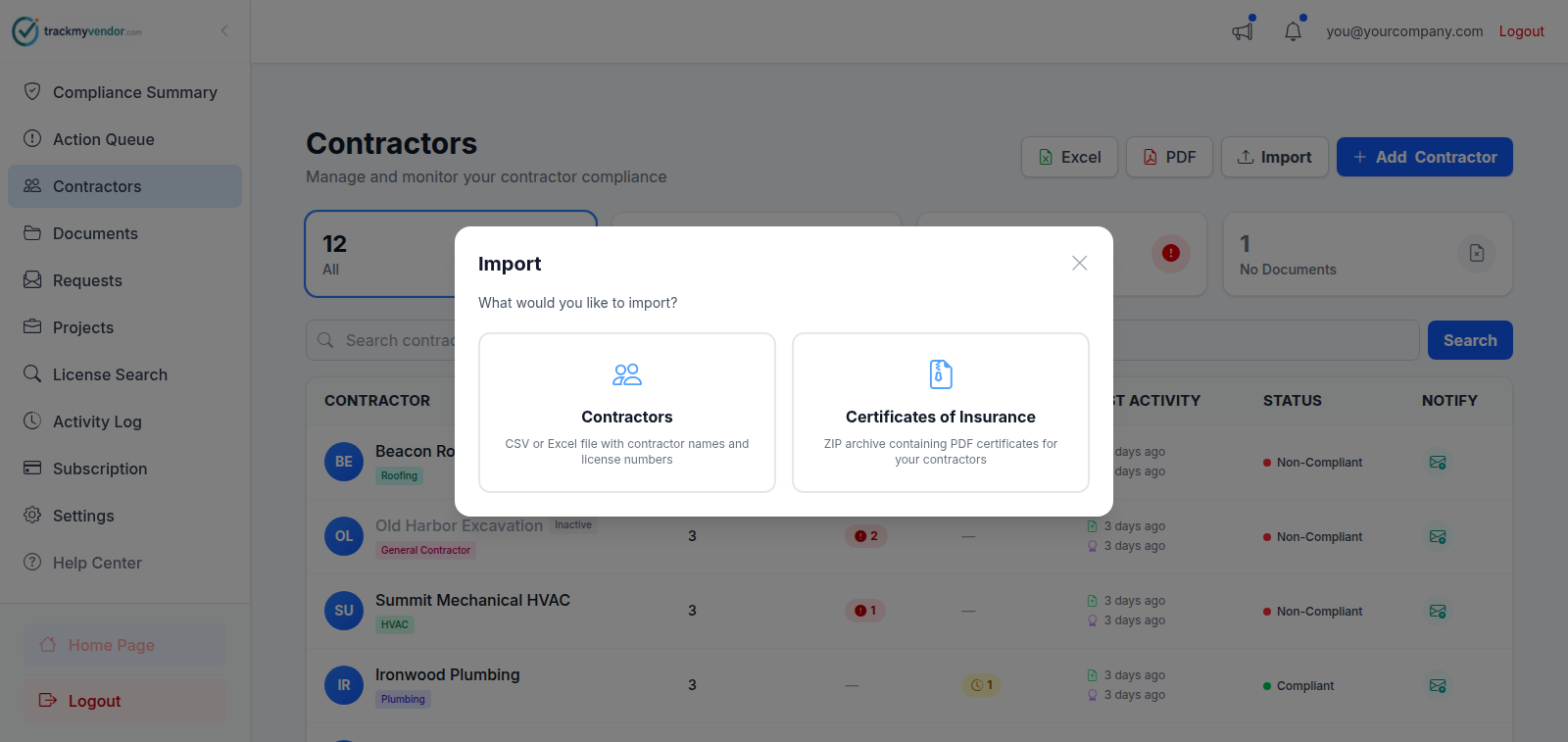 The Import dialog asking whether to import contractors or certificates of insurance