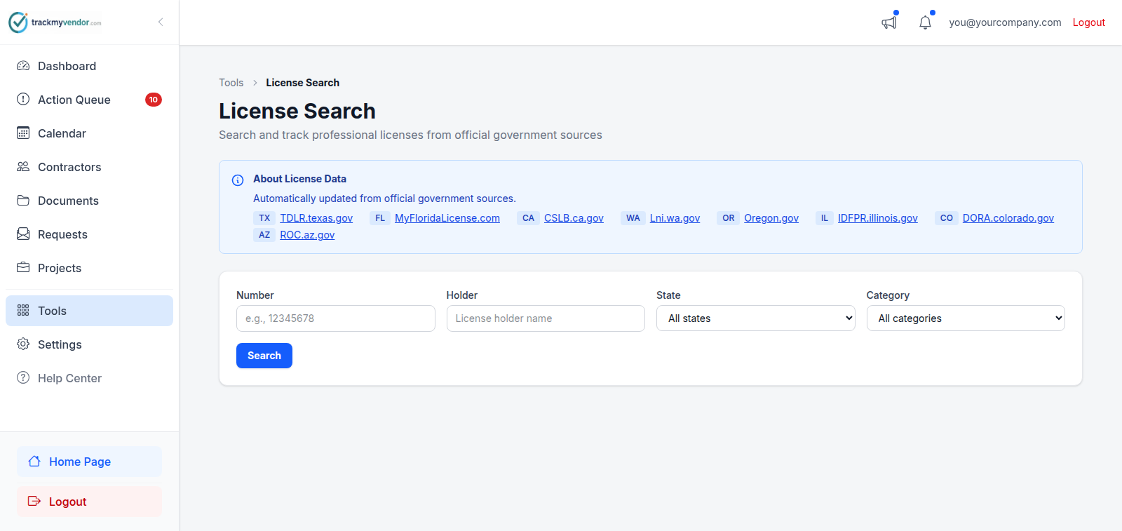 License search results showing licence type, status and expiration date