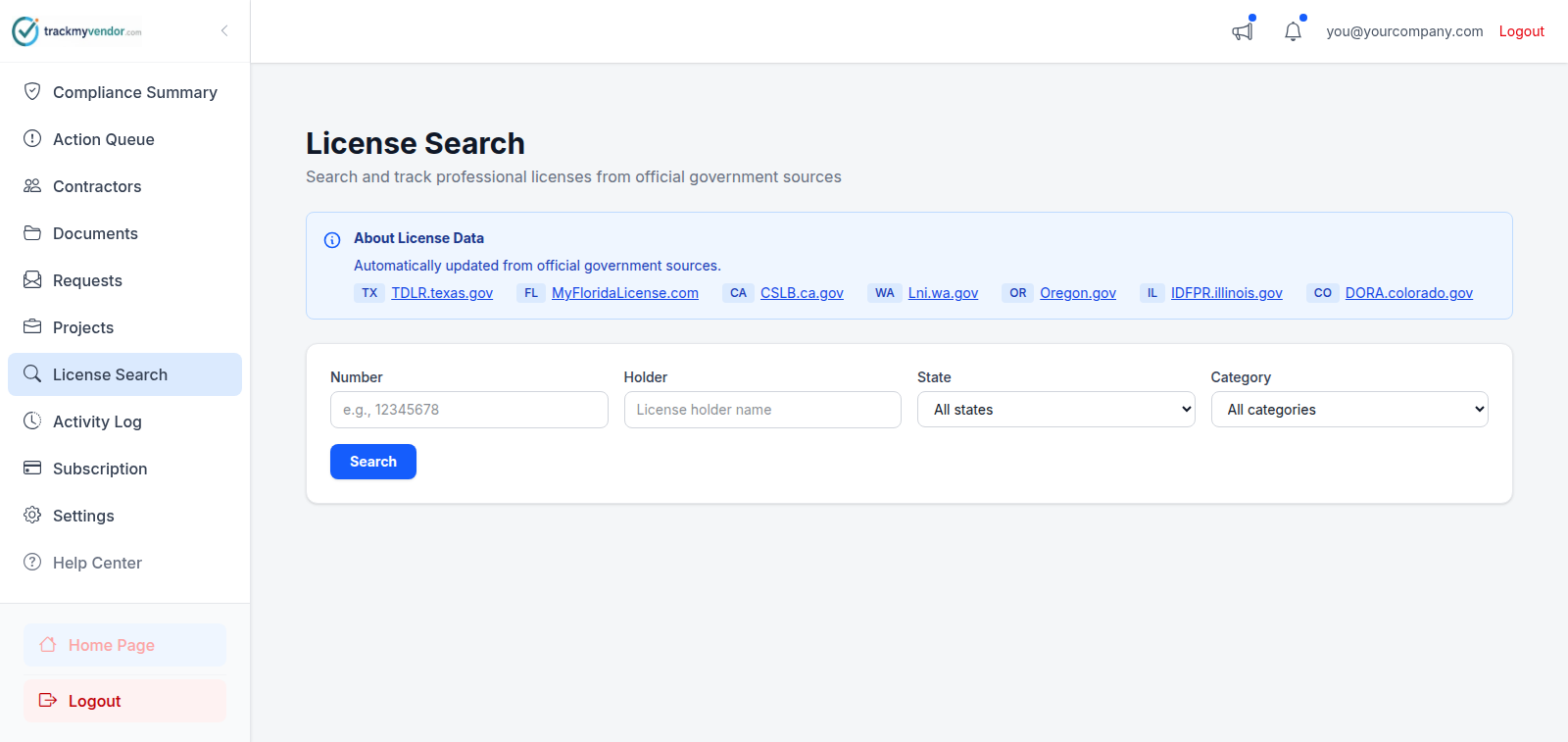 License search results showing licence type, status and expiration date