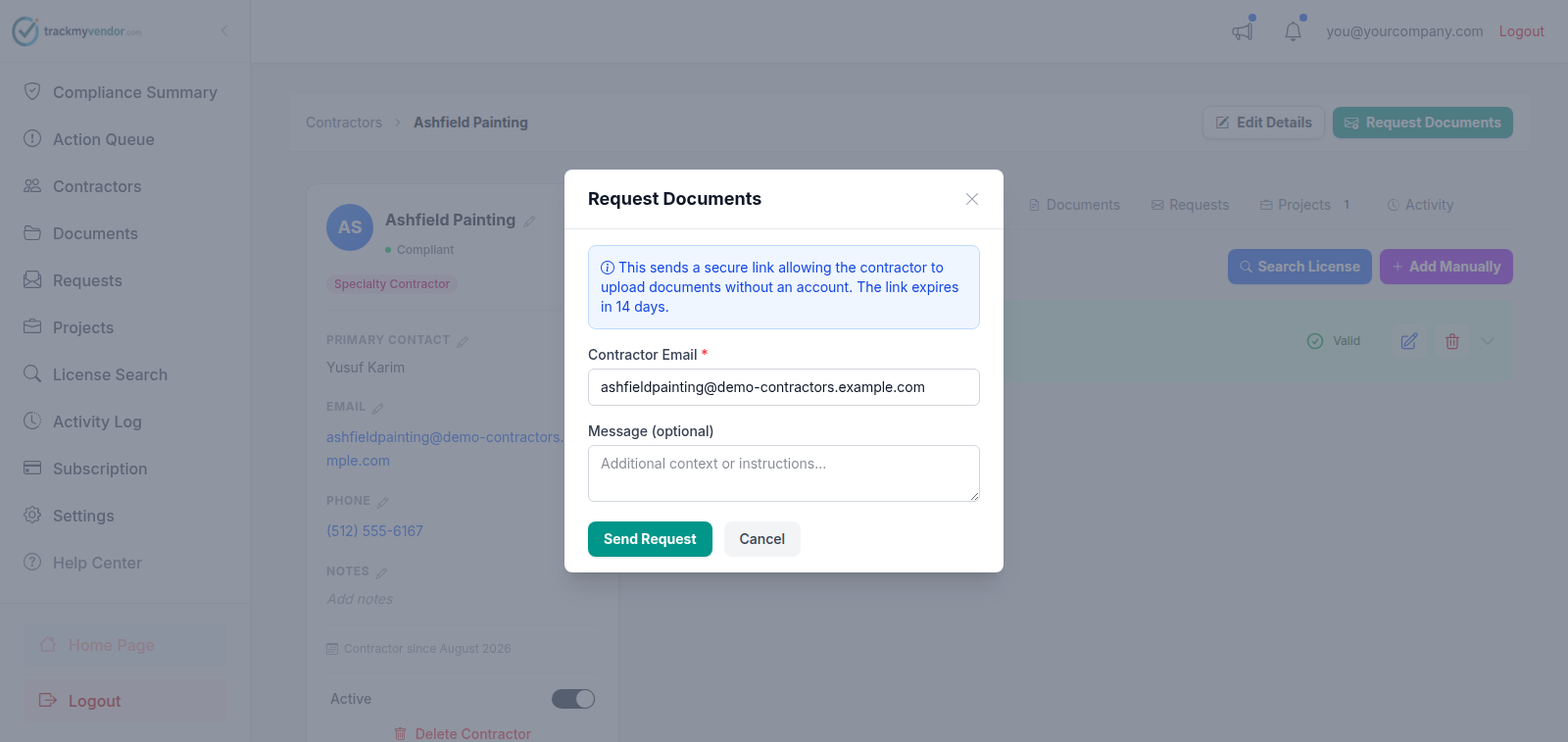 The Request Documents dialog with contractor email and optional message fields