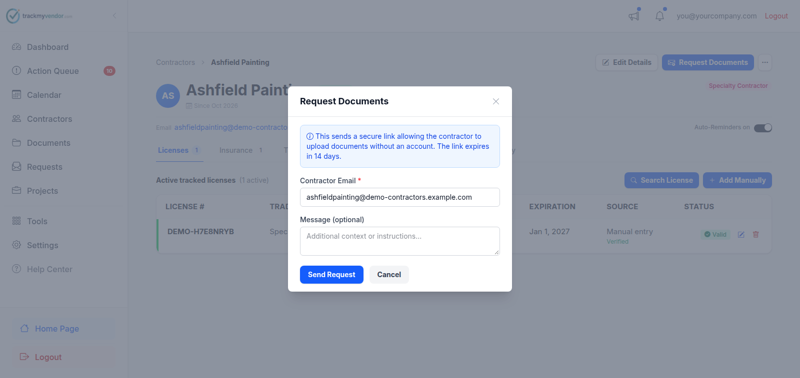 The Request Documents dialog with contractor email and optional message fields