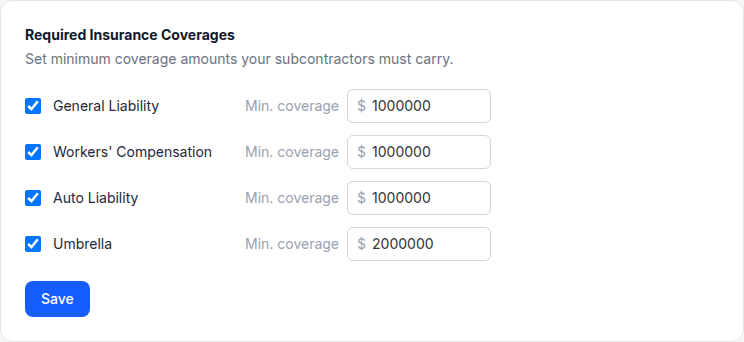 Required Insurance Coverages settings with checkboxes and minimum amounts