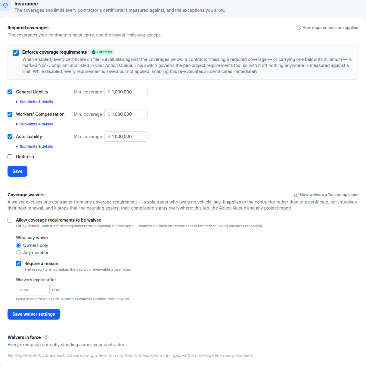 The Required Insurance Coverages panel with four coverage checkboxes and minimum amount fields