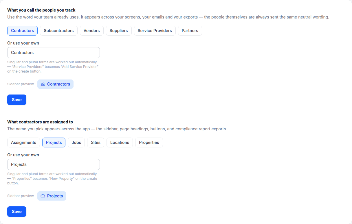 The Appearance tab with preset options and a custom label field, showing a sidebar preview