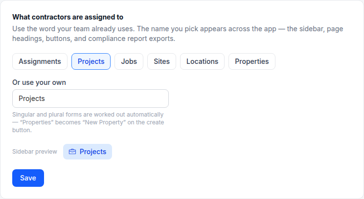 The Labels tab with preset options and a custom label field, showing a sidebar preview