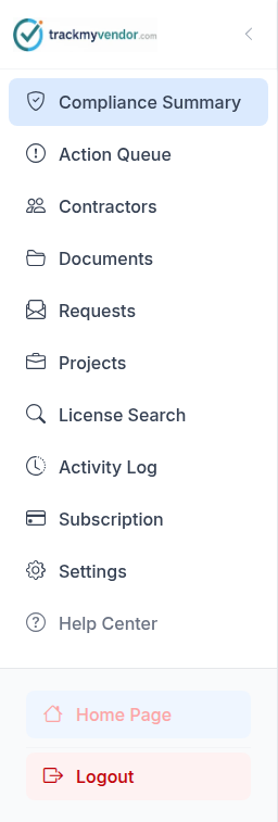 The TrackMyVendor sidebar showing Compliance Summary, Action Queue, Contractors, Documents, Requests, Assignments, License Search, Activity Log, Subscription and Settings