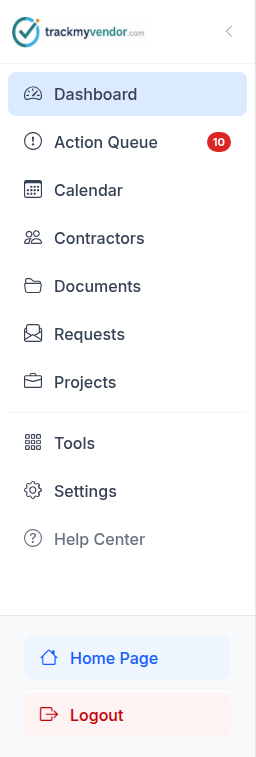 The TrackMyVendor sidebar showing Dashboard, Action Queue, Calendar, Contractors, Documents, Requests, Projects, Tools and Settings