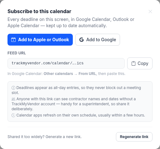 The TrackMyVendor Subscribe panel showing one-click buttons for Apple and Outlook, the feed URL for Google Calendar, and the option to regenerate the link