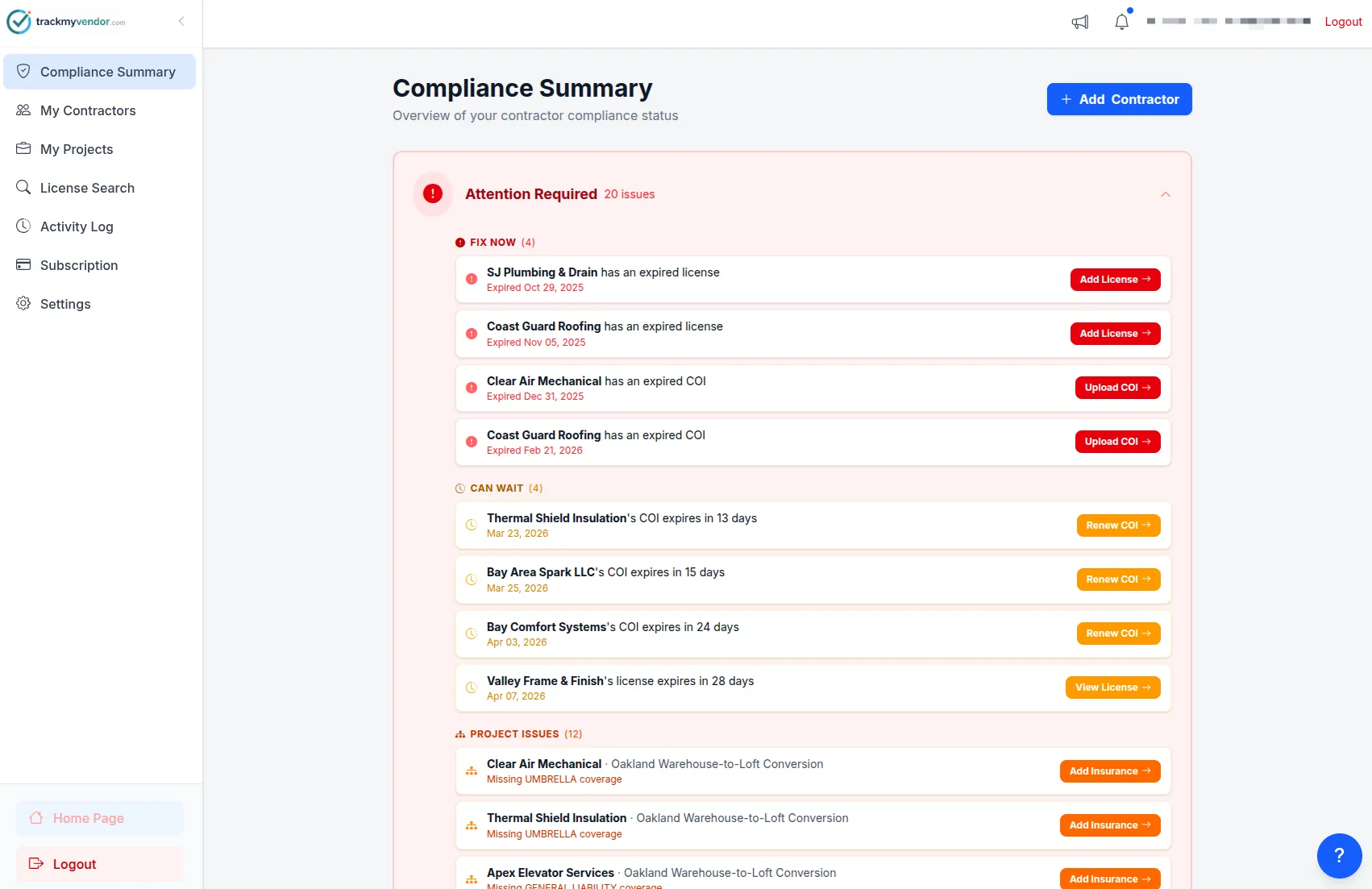 TrackMyVendor compliance dashboard showing subcontractor status in green, amber, and red with attention flags for expiring documents