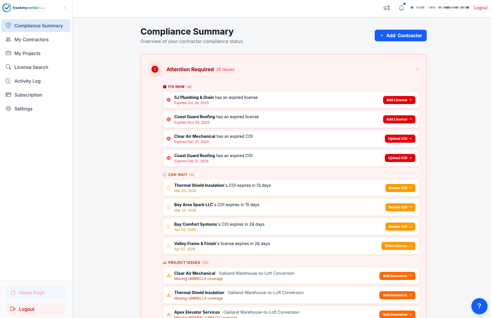 Compliance dashboard showing vendor compliance issues for property manager including expired COIs, expiring licenses, and missing documents with action buttons to resolve each