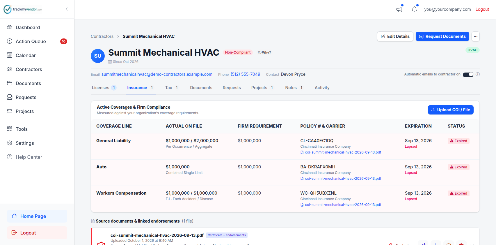 Vendor profile showing COI, license, and W-9 documents stored in one place, with expiration dates and coverage limits read automatically