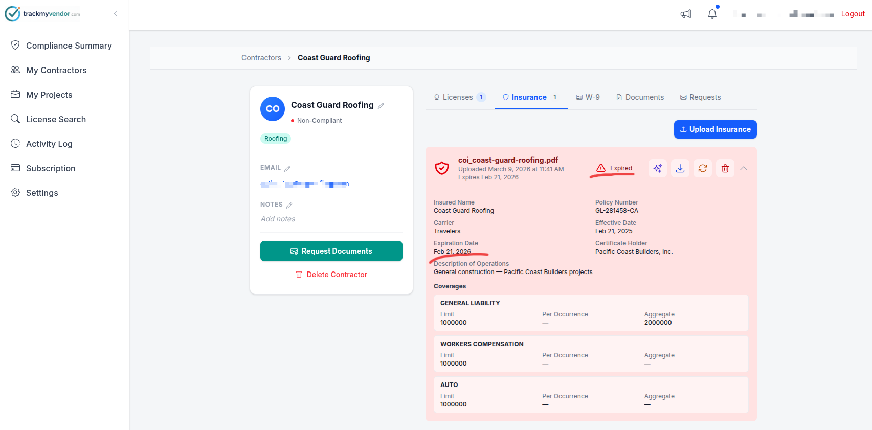 Vendor compliance detail view showing automatically extracted COI data including General Liability limits, Workers Compensation coverage, and policy expiration date marked as expired