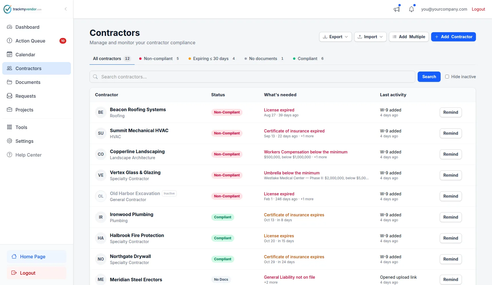 TrackMyVendor compliance dashboard showing COI status, license verification results, and expiration alerts for subcontractors