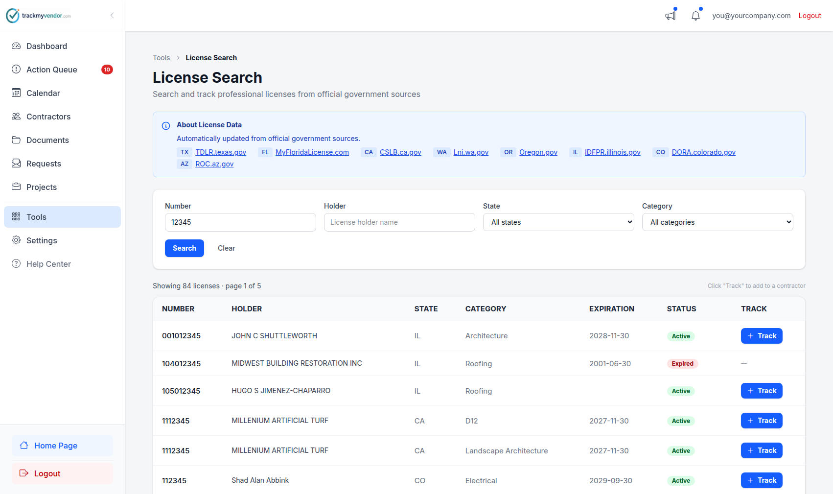 TrackMyVendor license verification results showing license number, holder name, active status, type, and expiration date read from the issuing state database