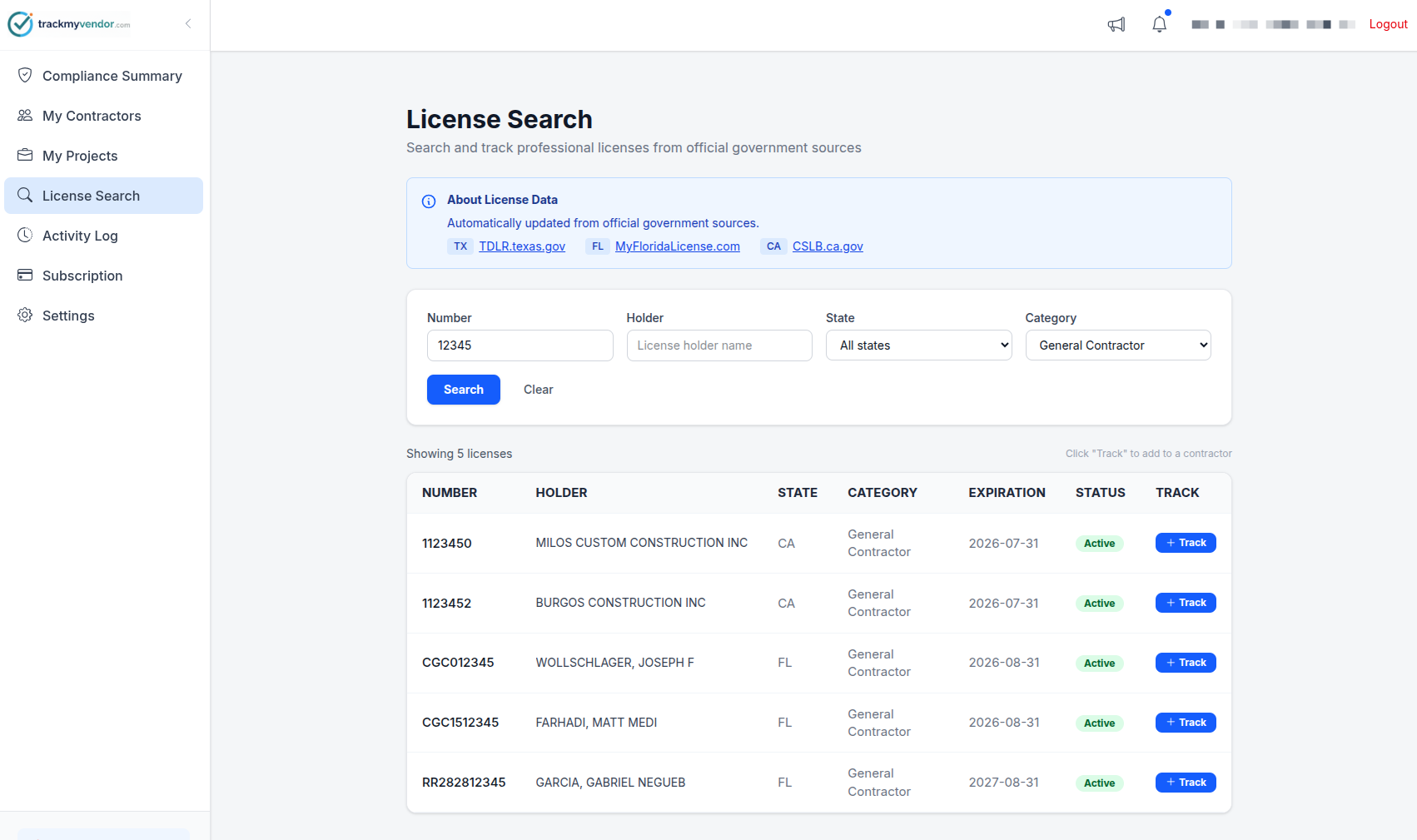 Contractor license verification results showing license number, holder name, active status, license type, and expiration date from TX TDLR, FL DBPR, CA CSLB, WA L&I, and OR CCB state databases