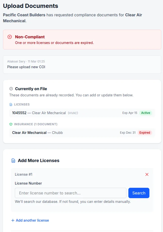 TrackMyVendor vendor upload screen — subcontractor submits COI and W-9 via magic link without creating an account