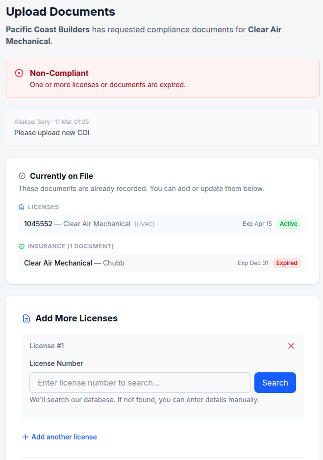 Vendor document upload portal showing currently on file licenses and expired insurance, with option to add more documents — no vendor login required