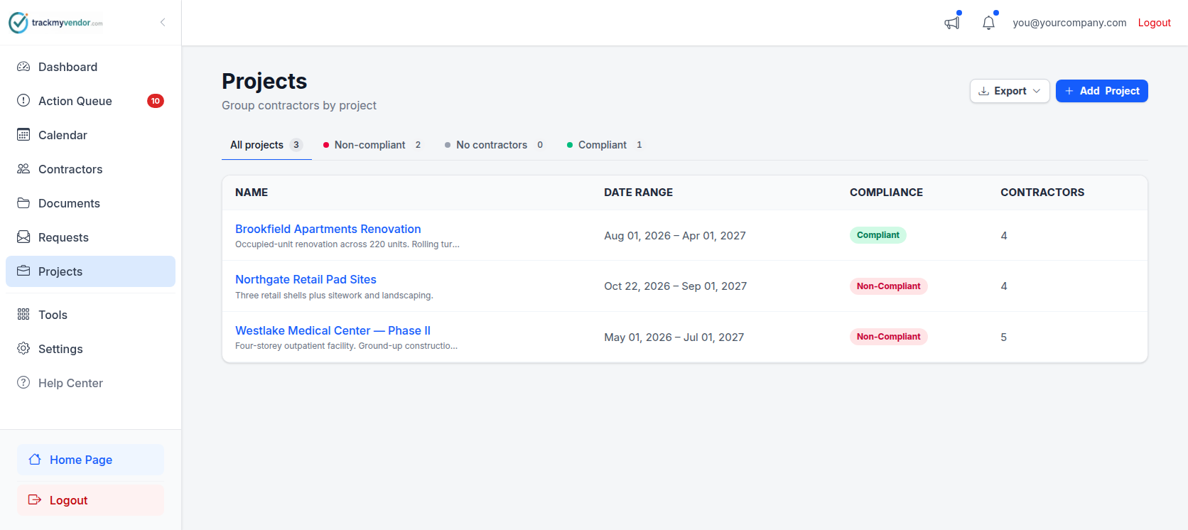 Projects screen listing active jobs with their date ranges, assigned subcontractors and compliance status per project