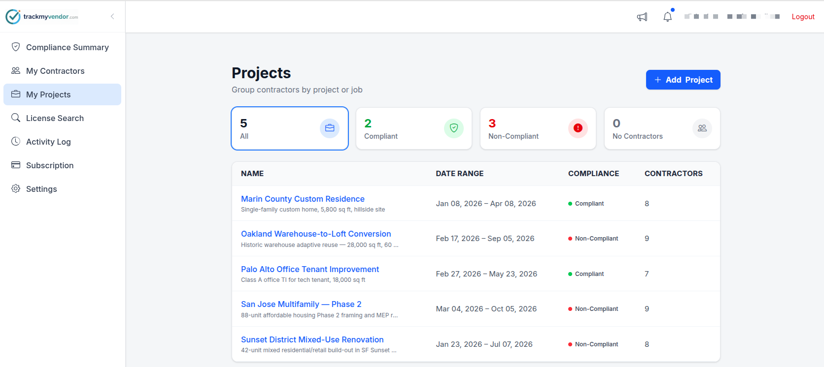 Project list view showing 5 active construction projects with date ranges, compliant and non-compliant status indicators, and number of assigned contractors per project