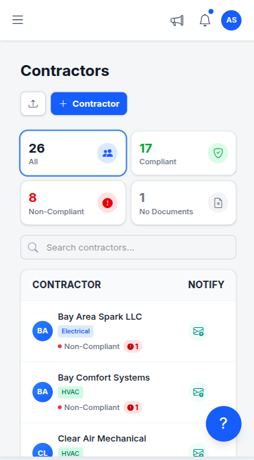TrackMyVendor mobile view showing green, amber, and red compliance status for each subcontractor