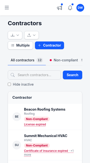 TrackMyVendor contractor list on mobile — check sub compliance from your phone on the job site